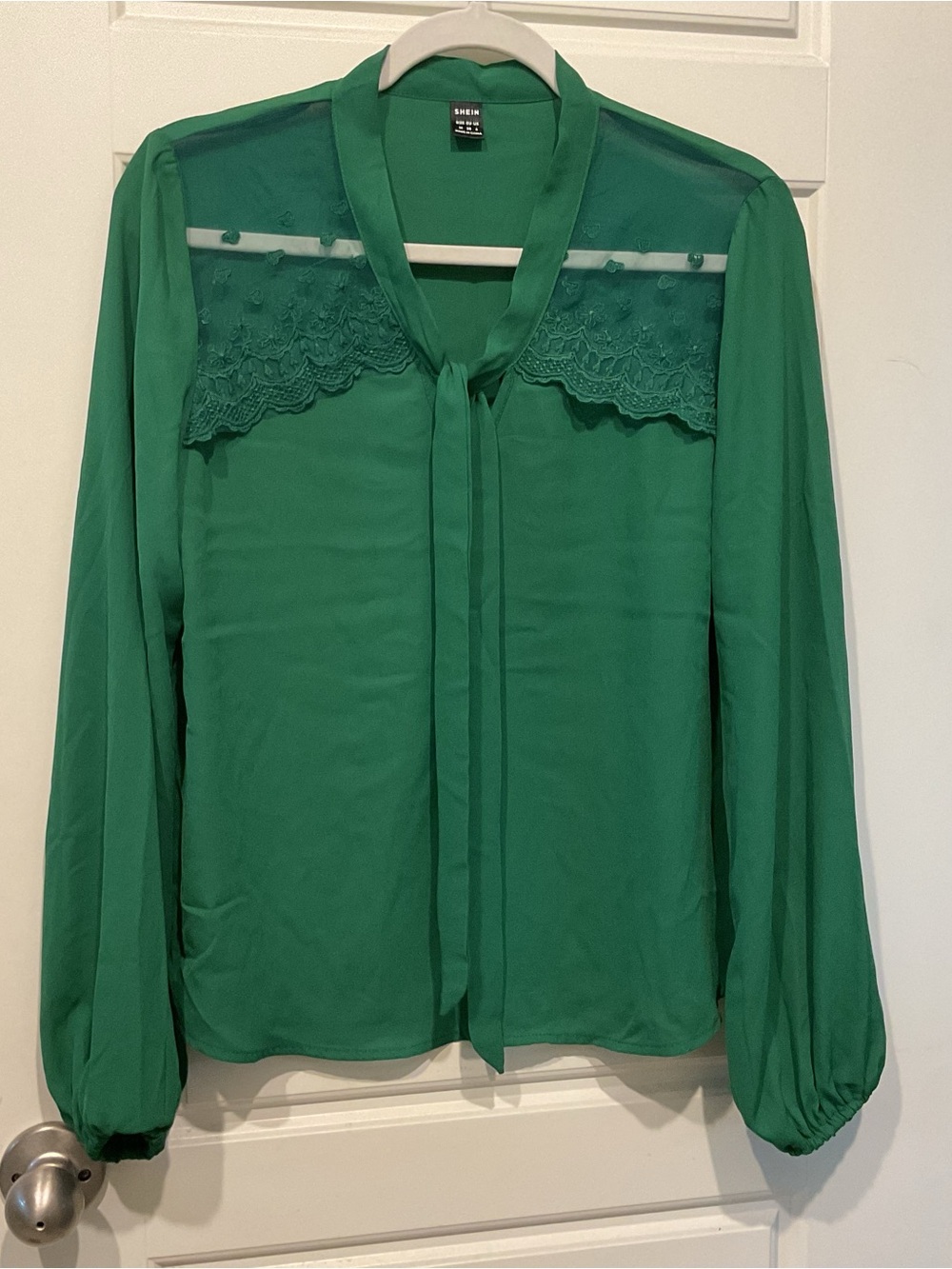 SHEIN Emerald Green Tie-Neck Lace Yoke Blouse